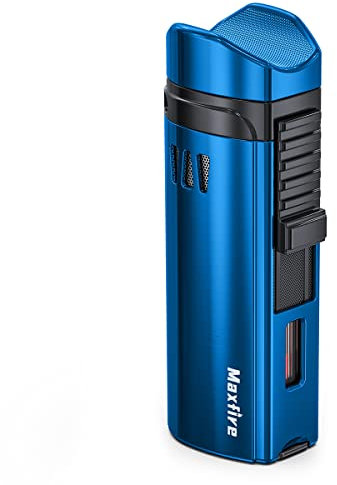 Cigar Lighter,Maxfire Triple Jet Flame Lighter Windproof Torch Butane Refillable Cigarette Lighter With Punch Holder (Sold Without Gas), Blue