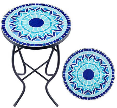 VONLUCE Mesa Auxiliar de Mosaico 35,5CM de Diámetro y 54CM de Alto Mesita de Mosaico de Plantas con Tabla Cerámica Mesa Auxiliar Redonda para Jardín, Balcón y Patio