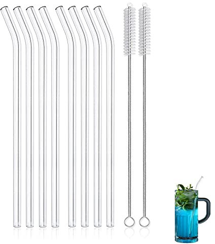 8 Pz Cannucce riutilizzabili di vetro, chiaro Bent Drink Straws per Smoothie Milkshake Cocktail Bevande fredde
