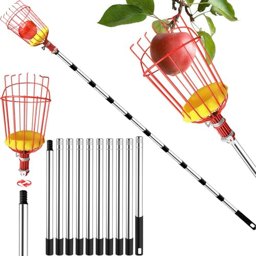 4BAOHUI 4,3M Apfelpflücker mit Teleskopstiel, Obstpflücker, Kirschenpflücker mit Leichter Edelstahl Teleskoppfahl und Korb, Obstgreifer Einfach zu Montieren, Kirschpflücker mit Schaumstoff-Pads