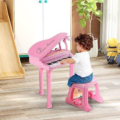 RELAX4LIFE Pianoforte per Bambini con 31 Tasti e Sgabello, Tastiera Pianoforte Elettronico con Microfono Regolabile, Giocattolo Musicale Regalo per Bambini 3+ Anni (Rosa)