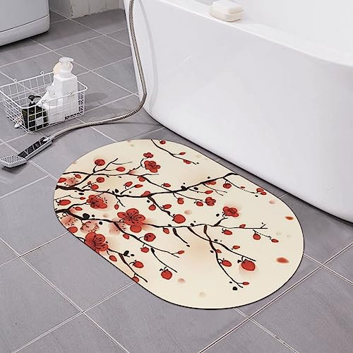 AUBKFELD Badematte, japanischer Frühling, Pflaume, Blumendruck, Kieselgur, 60 x 40 cm, rutschfester Teppich, schnell trocknende Kieselgur Bodenmatte