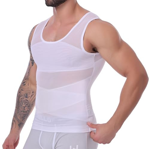 MISS MOLY Camiseta moldeadora elástica para reducir la barriga, camiseta sin mangas, camisa moldeadora para caballeros, camisa de compresión, body shaper, faja moldeadora, Blanco, M