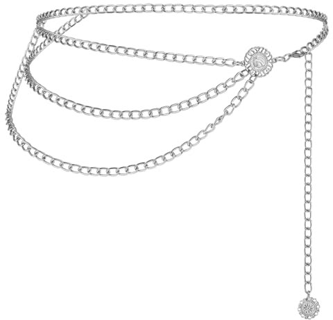 JIEYAO Taillenkette für Damen,Metall Kettengürtel Mehrschichtig Verstellbarer Körperkette Vintage Hüftkette Bauchkette Taille Kette für Damen Mädchen Kleid Jeans (Silber,90cm/35.4in)