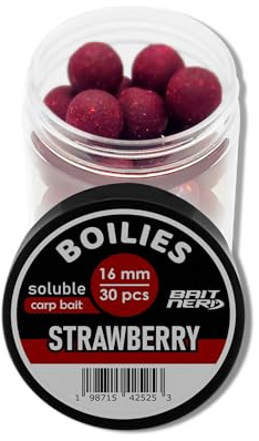Bait Nerd Soluble 30 pcs, 16mm, Strawberry Natural Premium Soluble Boilies | Carp Fishing Bait | Hair Rig, Chod Rig