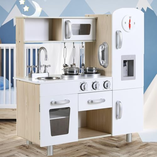 Clevich Cuisine Enfant en Bois, Jouet Cuisine Enfant, Cuisine Bois Enfant, avec Machine à Glace, Téléphone, Horloge, 81x74x30 cm Kitchenette Enfant, Convient Aux Garçons et Aux Filles, Blanc