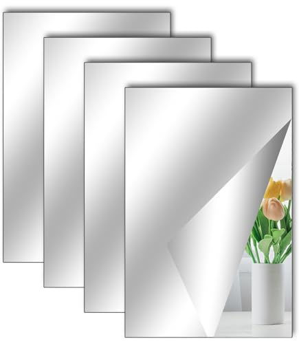 TSLBW 4-pack självhäftande spegelklistermärke på spegel 30 x 20 cm akrylspegel skolspeglar flexibla spegelark spegelklistermärken för vägg skola hem vardagsrum badrum sovrum dekor
