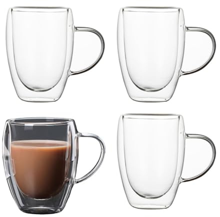 LoveFirst 4x250ml Large Capacity Double Walled Coffee Glasses Mugs with Handle Cappuccino Latte Macchiato Glasses Cups, Heat Resistant Dishwasher Safe for Hot Drinks Tea Milk Juice Ice Cream