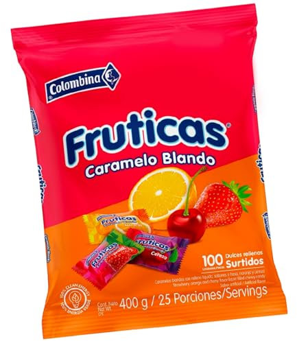 Caramelo Masticable Blando con Relleno Liquido. 3 Sabores: Cereza, Fresa y Naranja. 100 Unidades x Bolsa. Fruticas Colombina.