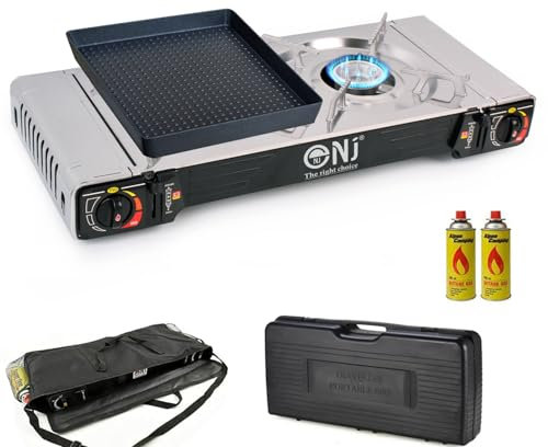 Double Camping Stove - 2 Burner Portable Gas Cooker Grill Plate Carry Case and Bag (Stove + 2 Canisters)