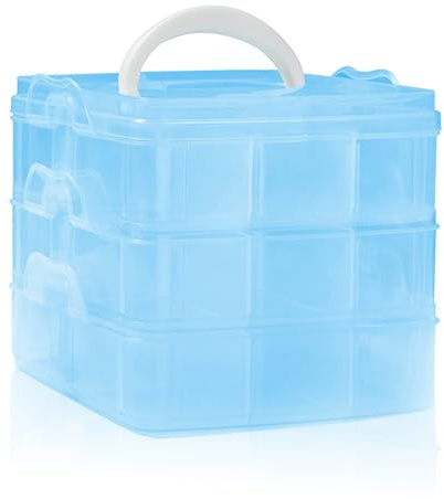 SacJkt Craft Storage Box, Hair Accessories Organiser, 3 Layers 18 Compartments Transparent Detachable Storage Box with Handle for Crafts Supplies, Jewelry, Beads, Sewing Accessories (Blue)