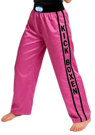 BAY Kickboxhose lang Damen Mädchen Script rosa pink mit Schriftzug Kickboxen Hose Kampfsporthose (160 (S))