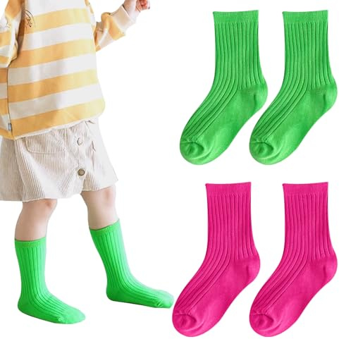 AffeGifts Calcetines de Neón Niños Vestido Calcetines para Niños y Niñas en los Años 70, 80, 90 Fiesta Cómoda y Suave para 5-8 Años (Rosado y Verde)