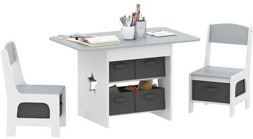 AIYAPLAY Mesa Infantil con 2 Sillas, Mesa y Sillas Infantil con 6 Cajones de Tela, Diseño Estrellas, para Niños y Niñas de 3-8 Años, para Hogar, Guardería, Aulas, Gris Claro