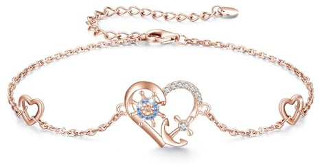 OHAYOO ankare armband 925 sterlingsilver roséguldpläterade kvinnor ankare hjärta roder armband 17,5 + 5 cm maritimt smycke present för kvinnor