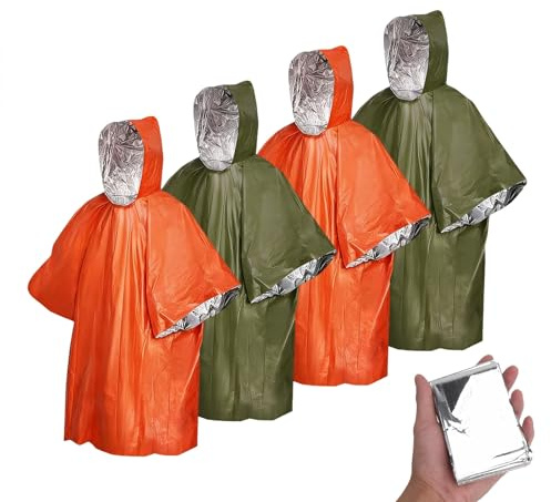 ZRUEWOT 4pcs Poncho Pluie imperméable und Couverture de Survie,Poncho Survie Chaud et imperméable, idéal pour Le Camping, la randonnée et Les Situations d'urgence (Orange/Vert)