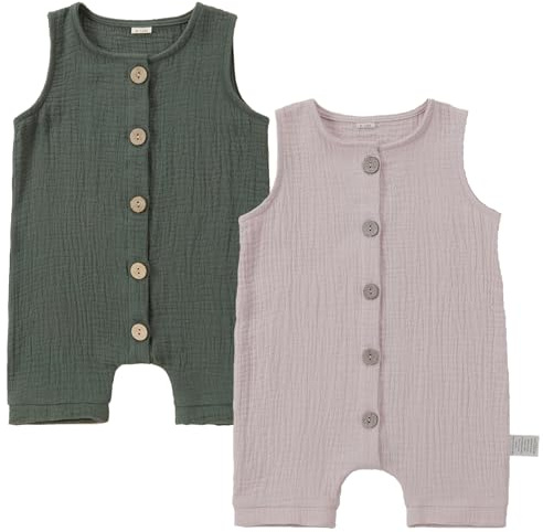 BETTERFUN 2 Pack Sleeveless Pure Cotton Baby Rompers, Unisex Baby Clothes, Spring Summer Baby Onesies 0-3 Months, Green/Light Beige