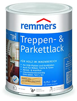 Remmers Vernis Parquets & Escaliers Incolore, brillant satiné, 0,75 litres, Vitrificateur aqueux pour bois et parquets. Pour l'intérieur, en application au pinceau sur les parquets, et escaliers.