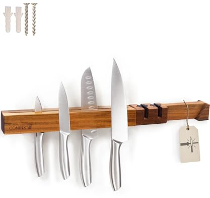 Coninx Magnetisk Knivlist 48 cm i Akaciaträ – Dubbel Magnetrad & Integrerad Dubbelgradig Knivslip – Väggmonterad Knivhållare med Gummifötter – Premium Knivorganisatör för Kök