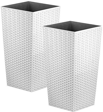 CrazyGadget Tall Square Plastic Rattan Indoor/Outdoor Planters, Set of 2, White, 17 Litre