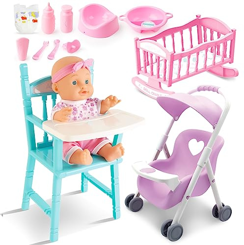 deAO Baby Doll Set Play Set Includes Miniature Crib,Mobile High Chair Stroller,12PCS Baby Doll Accessories,Great Pretend Play Gift for 3+ Years Old Kids Girls Boys S
