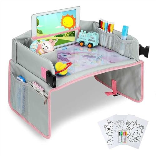 INSAT - Mesa Coche niños - Bandeja Coche niños para Viaje - Mesa Coche niños Asiento Trasero - Plegable Impermiable - Incluye Accesorios Infantil - Hojas para Colorear - 6 Rotuladores de Colores