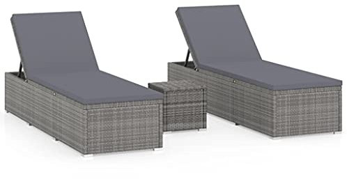 vidaXL Sonnenliege mit Teetisch 3-TLG. Gartenliege Gartenmöbel Liege Beistelltisch Relaxliege Strandliege Liegestuhl Freizeitliege Poly Rattan Grau