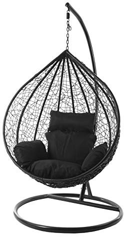 KIDEO Komplettset: großer Hängesessel mit Gestell & Kissen, Korbsessel, Poly-Rattan (Korb & Gestell: schwarz, Kissen: schwarz Nest (9999 Black))