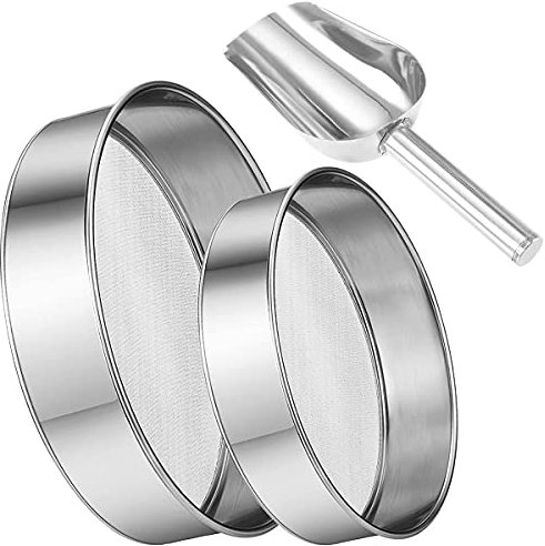 NC 2 colini per Farina con Un Cucchiaio per Farina da Cucina, in Acciaio Inox e Argento, colino Netto per Farina da Forno, 40 Rete (15 cm + 20 cm)