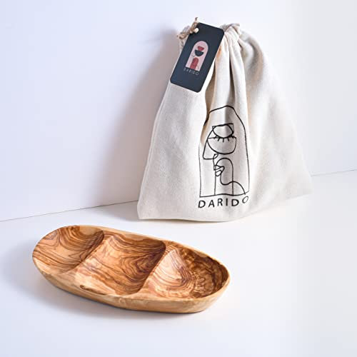 Darido Snackteller aus Olivenholz mit Vertiefungen 28 * 14 cm – Servierteller aus Holz – Nussschale – Handarbeit – Weihnachtshandmade – Snacktablett – Snackschale – Geschirr Essentielles