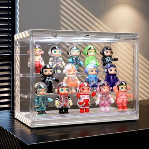 LED Acrylic Display Case for Collectibles, Cordless Power Stacking Showcase with 3-Tier Steps - Clear Dustproof Protector Box with Magnetic Door for Action Figures, Popmart, Funko pop