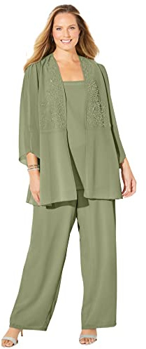 Catherines Women's Plus Size Masquerade Beaded 3-Piece Pant Suit - 34 W, Sage