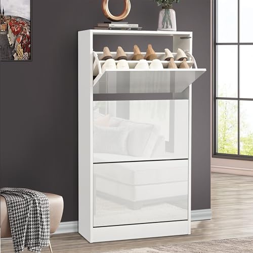 High Gloss Shoe Cabinet with 3 Drawer, Pull Down Wooden Shoe Storage Organizer Cupboard Shoes Rack Cabinet Freestanding Footwear Rack Stand Hallway Entryway Living Rooms White, 60W x 24D x 112H cm