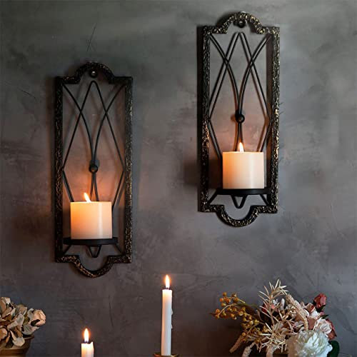 Metal Candle Sconces Wall Vintage(Set of 2),Hanging Iron Wall Candle Holder for Decoration,Votive Candlestick Stand for Walls,Black and Gold