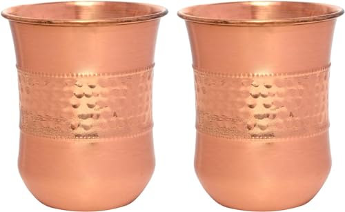 ANCIENTIMPEX Kupferbecher, 2er-Set, gehämmert und schlicht, 250 ml Fassungsvermögen für Ayurveda-Gesundheitsvorteile (gebogen), ANC-CT-104