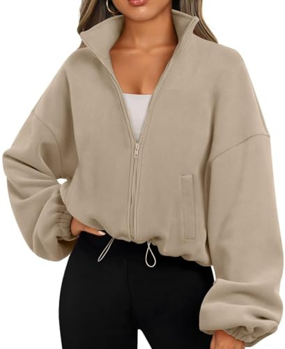 EUDOLAH Women and Men Oversized Rocker Fleece Sport Coat Stand Collar Padded Zip Jacket (Medium,Khaki)