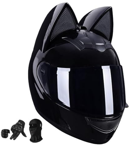 Casques de moto intégraux pour femmes avec oreilles de chat Casque de moto à oreilles de chat (gants/masque) Certification ECE Casque intégral Lentilles noires F2,M=54-56CM