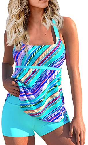 uxxnjfg Costume Donna Due Pezzi Tankini Donna Mare Curvy Taglie Forti Push Up Costume Contenitivo Piscina Eleganti Tankini Vita Alta Brasiliana Beachwear Bikini Top Pantaloncino Swimwear(Blu,S)
