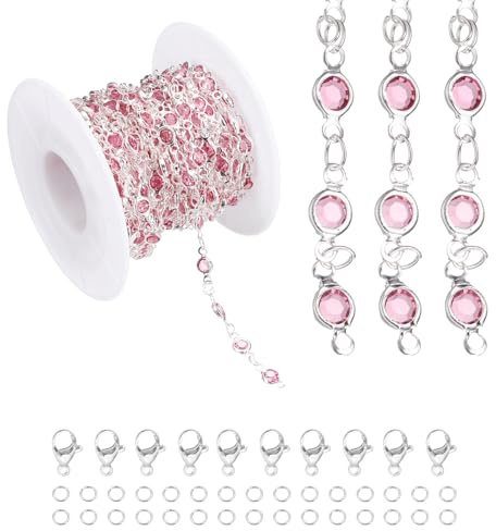 PATIKIL 16,4 fot strasskedja, grossistkedja för smyckestillverkning med klämlås och öppna ringar för gör-det-själv-smyckestillverkning av armband, silverton (rosa)