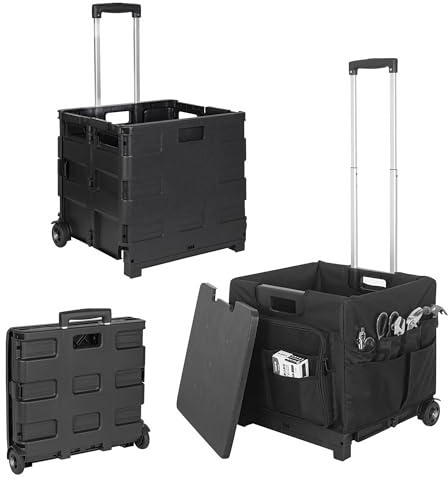 Heavy-Duty Folding Trolley Box Cart, Collapsible Trolley Box with Wheels & Expandable Storage - Foldable Shopping Trolley with Lid & Canvas Bag, Mobile Organiser Box for Travel, Office & Outdoor Use