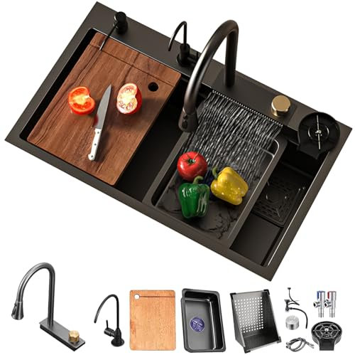 70 x 50 cm Black 1 Basin Multifunctional Waterfall Sink with Extendable High Pressure Tap Complete Accessory Set for the Workplace (Black 80x50cm)
