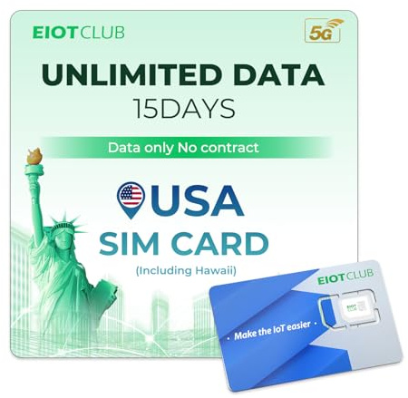 EIOTCLUB SIM USA Prepagata 15 Giorni, Dati Illimitati 5G per Viaggi negli Stati Uniti, SIM Dati Senza Contratto, Compatibile AT&T e T-Mobile, Inclusi Alaska e Hawaii