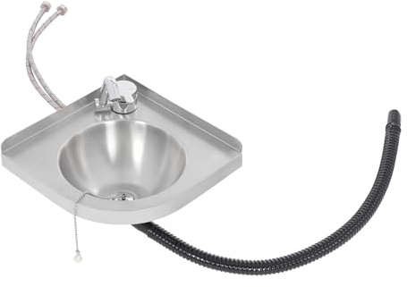 Lavabo de esquina de acero inoxidable de 30,5 x 30,5 cm, lavabo de pared triangular con grifo de cobre plegable, desagüe y orificio de drenaje de 4 cm, lavabo de manos para autocaravanas, bares, aseo