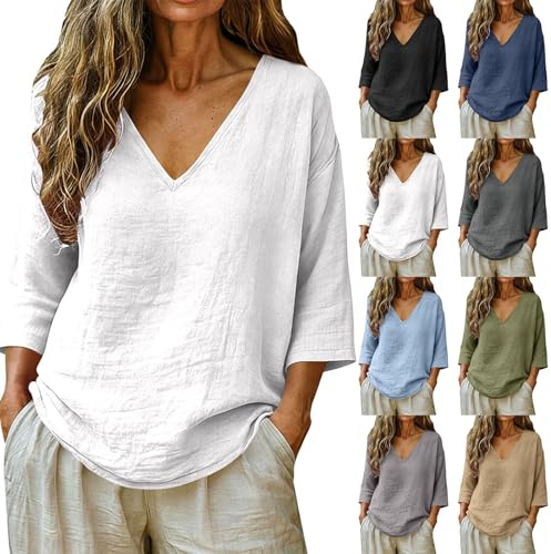 Generico Maglietta Donna in Lino e Cotone Estive, Maniche a 3/4 e Scollo a V Profondo, Tinta Unita Casual Curvy, Leggera e Traspirante per Lavoro e Tempo Libero, Blusa alla Moda Comoda e Versatile