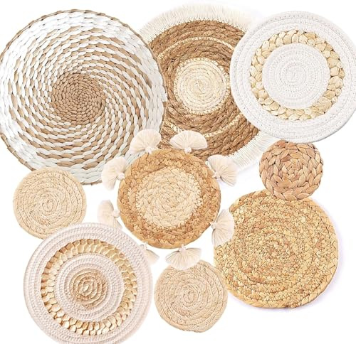 Lot de 9 paniers muraux tissés bohèmes en jonc de mer et rotin - Décoration murale ronde écologique pour ferme, chambre à coucher, salon, cuisine, table