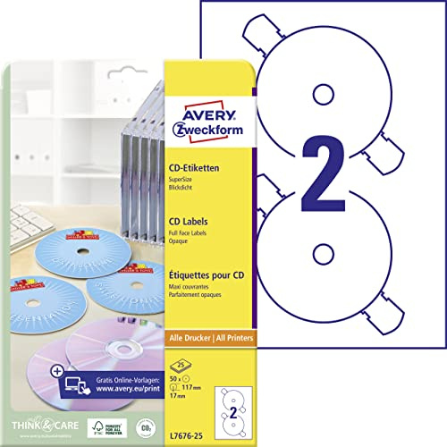 AVERY Zweckform L7676-25 selbstklebende CD-Etiketten (50 blickdichte CD-Aufkleber, Ø 117mm auf A4, SuperSize, Papier matt, bedruckbare Klebeetiketten für alle A4-Drucker) 25 Blatt, weiß, 50 Stück, 117 mm
