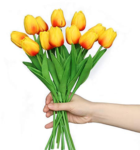 Anaoo 12pcs Latex Tulpen künstlich, Künstliche Blumen Tulpen wie Echt Deko Realistische mit, Dekoration für Brautsträuße, Haus, Party Deko, Büro, DIY Blumenarrangements, Orange