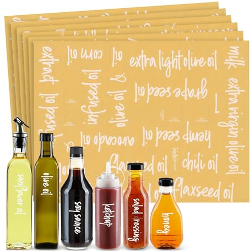 Talented Kitchen Lot de 132 étiquettes blanches pour bouteilles d'huile et de vinaigre, autocollants transparents préimprimés pour condiments et huile d'olive pour distributeurs à pression,