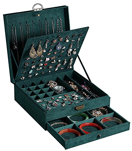 GYJOYERO Women Jewelry Box Lockable 3 Layers Large Jewelry Organizer Storage Case for Earrings Necklaces Rings Bracelets,Green Display Jewel Holder (Green)