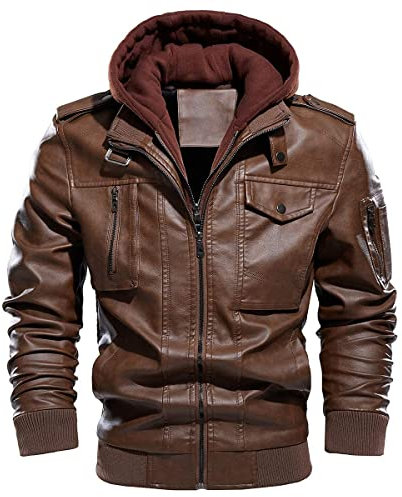 CARWORNIC Herren Lederjacke Winterjacke Motorradjacke Für Herren Schwarz Braun Warme Kunstlederjacke Bikerjacke mit Abnehmbarer Kapuze